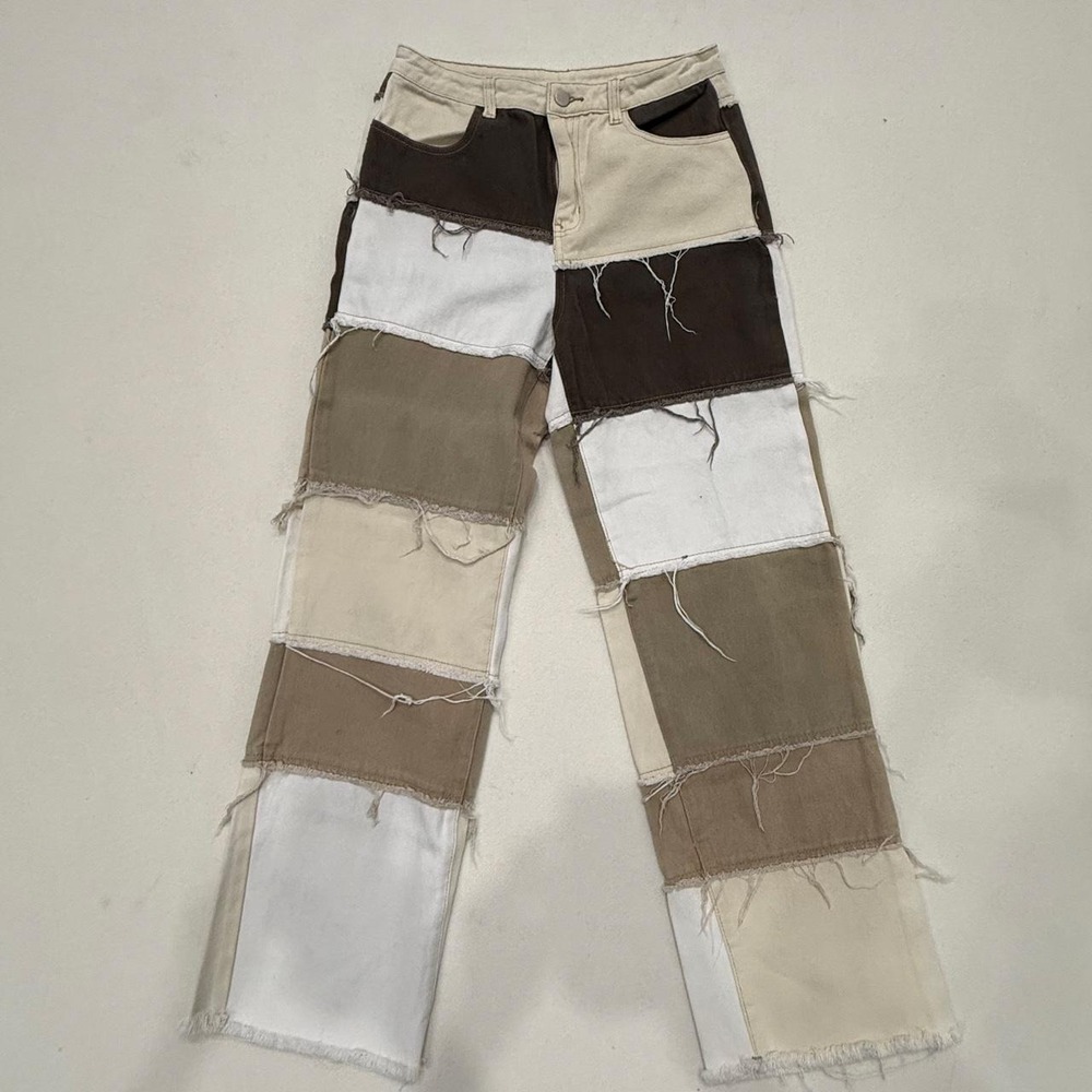 SHEIN Women Patchwork Jeans Multi Brown Tan Frayed Hem Size M